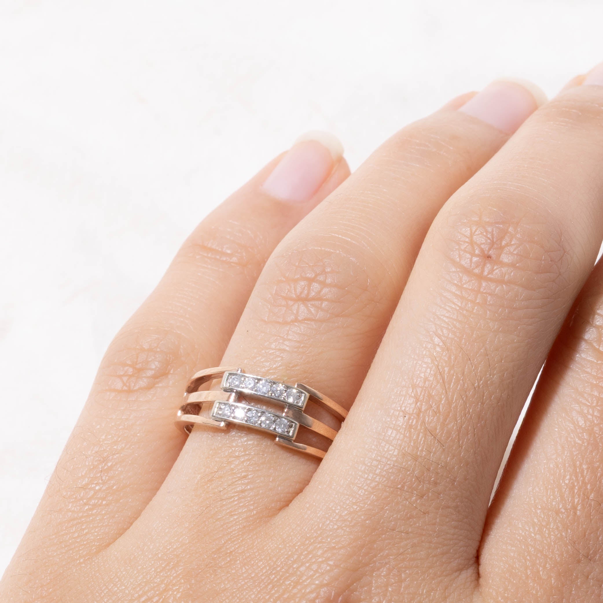 10k Rose Gold Double Row Diamond Open Shank Ring | SZ 7.5