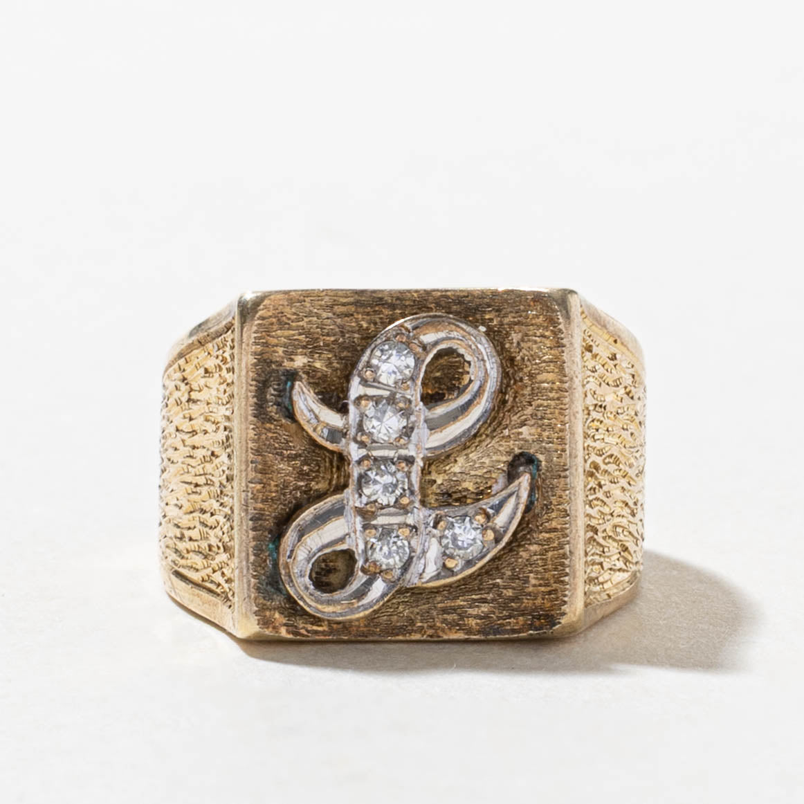 10k Diamond "L" Initial Textured Signet Ring | SZ 4.25