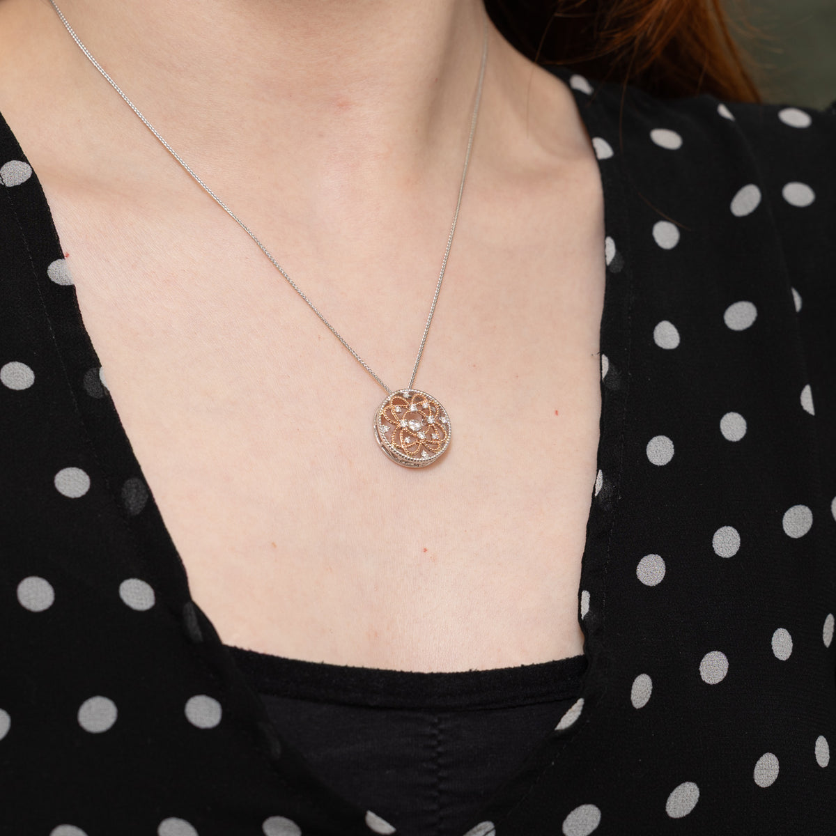 10k Two Tone Diamond Spiral Circle Pendant Necklace | 18"