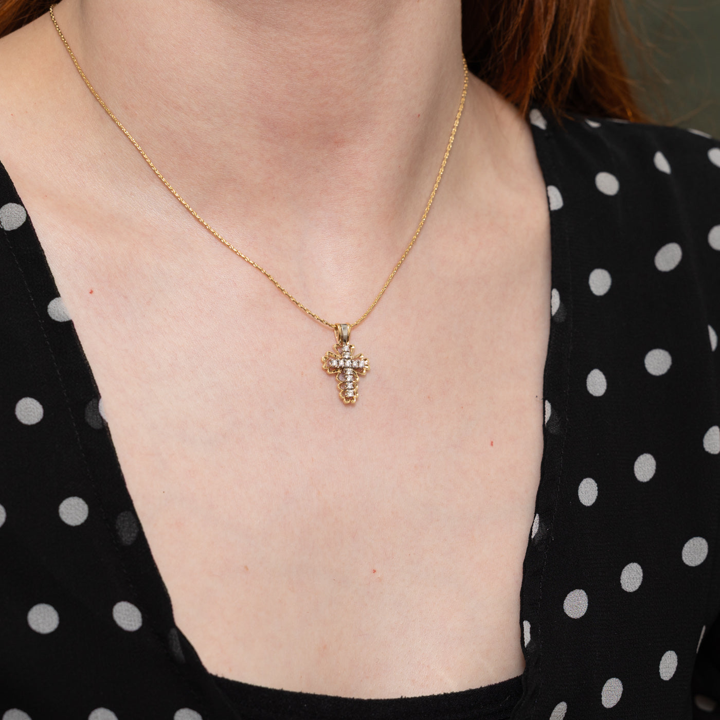 14k Diamond Scalloped Cross Ornate Pendant Necklace | 15.5"