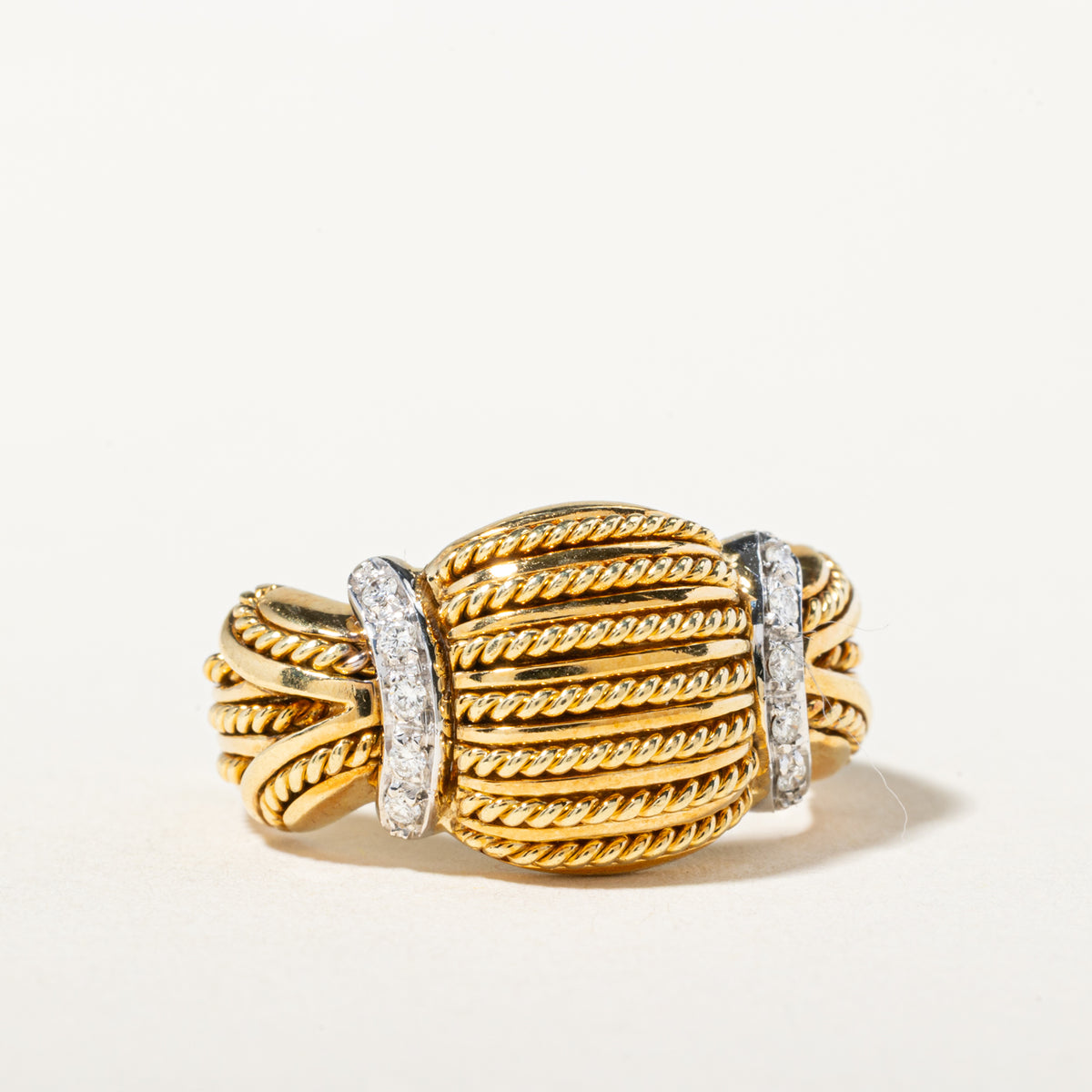 18k Diamond Accented Rope Textured Pinched Dome Ring | SZ 7