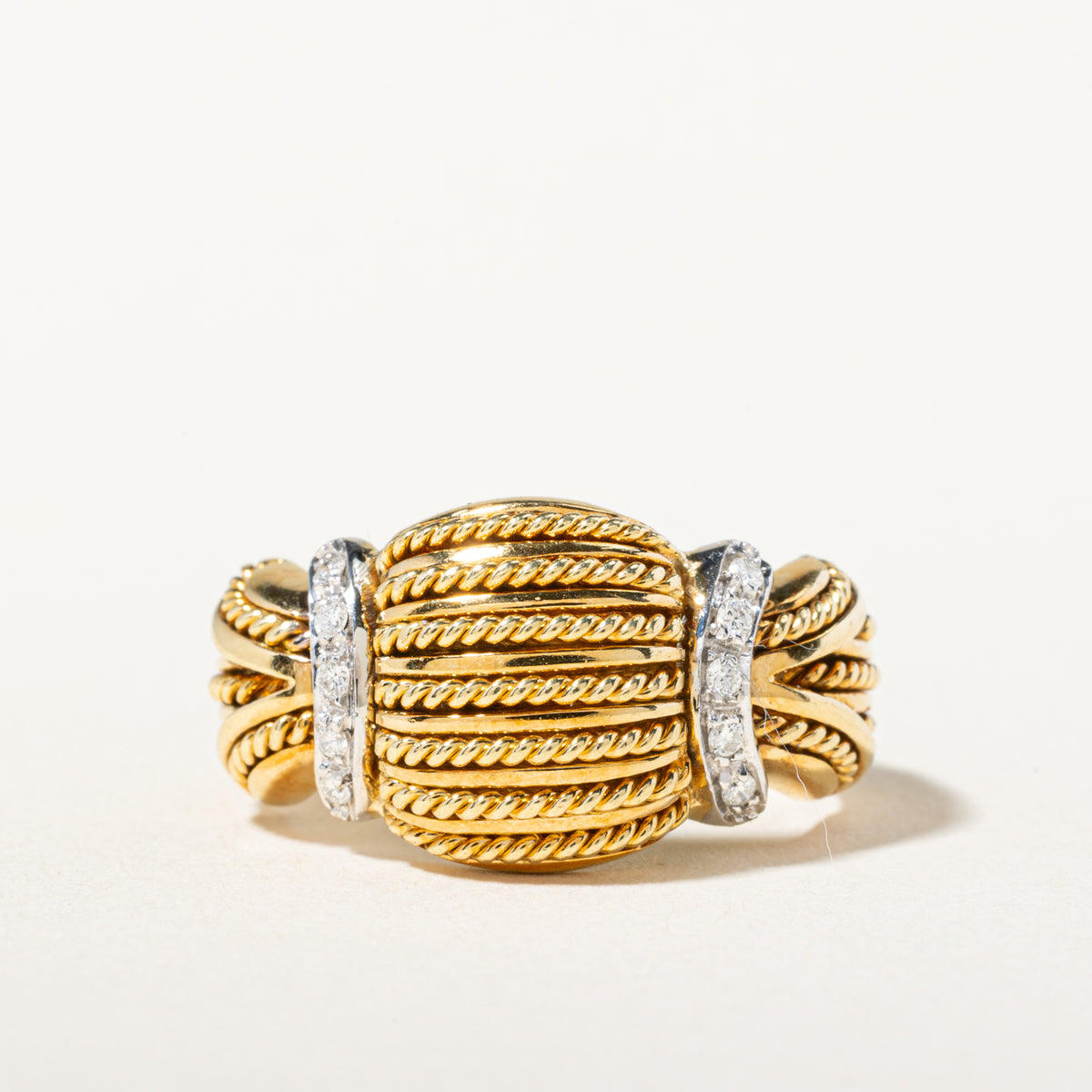 18k Diamond Accented Rope Textured Pinched Dome Ring | SZ 7