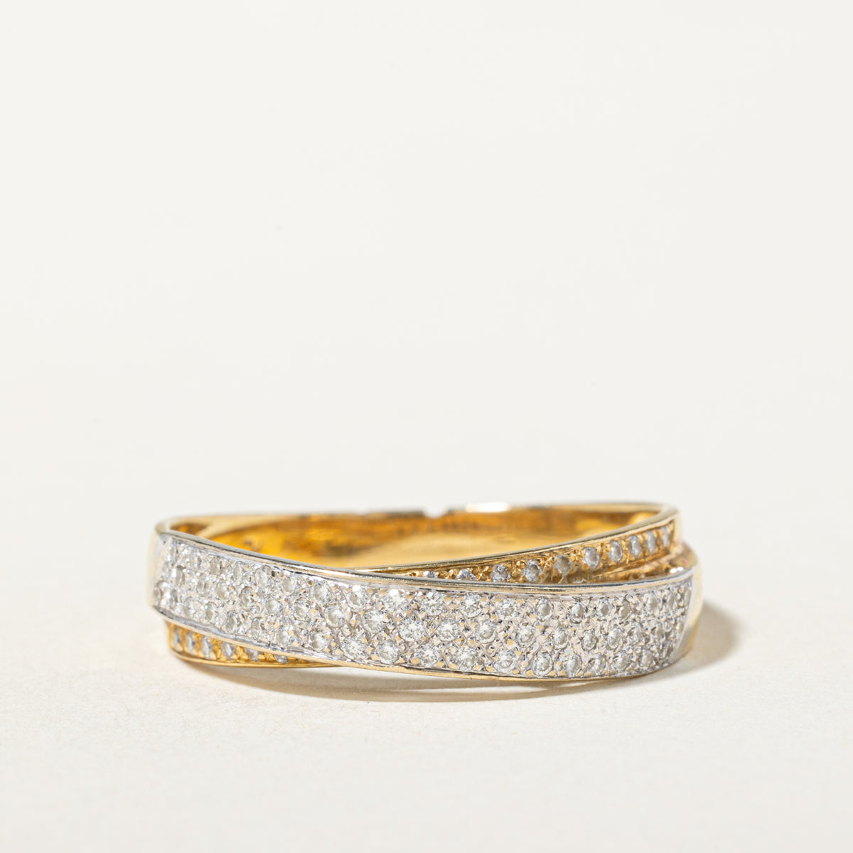 18k Two Tone Multi Row Diamond Cross Over Ring | SZ 9.75