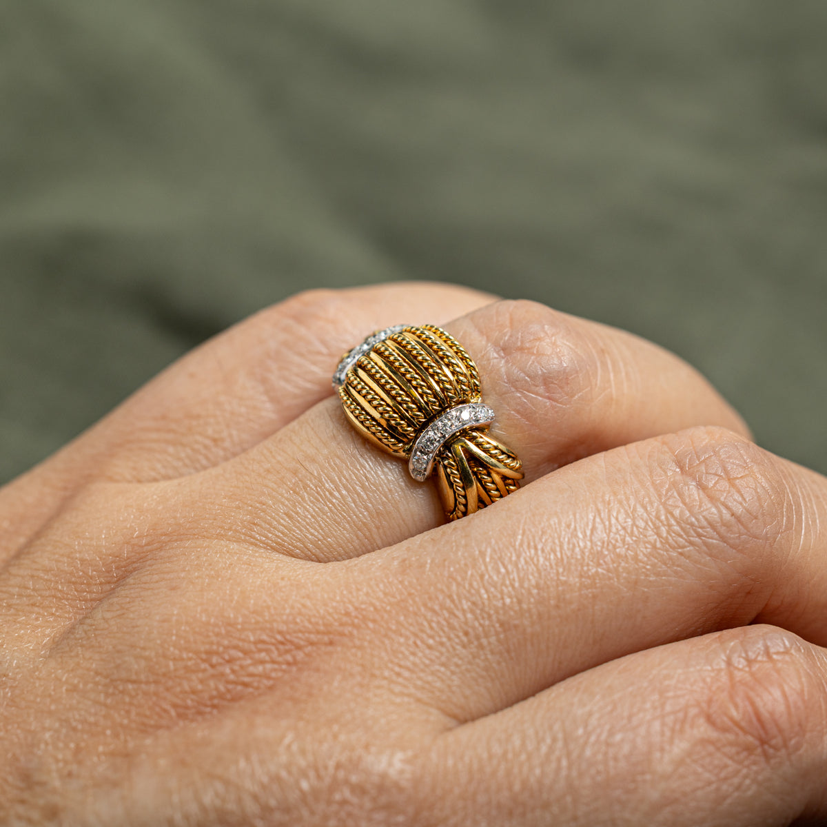 18k Diamond Accented Rope Textured Pinched Dome Ring | SZ 7
