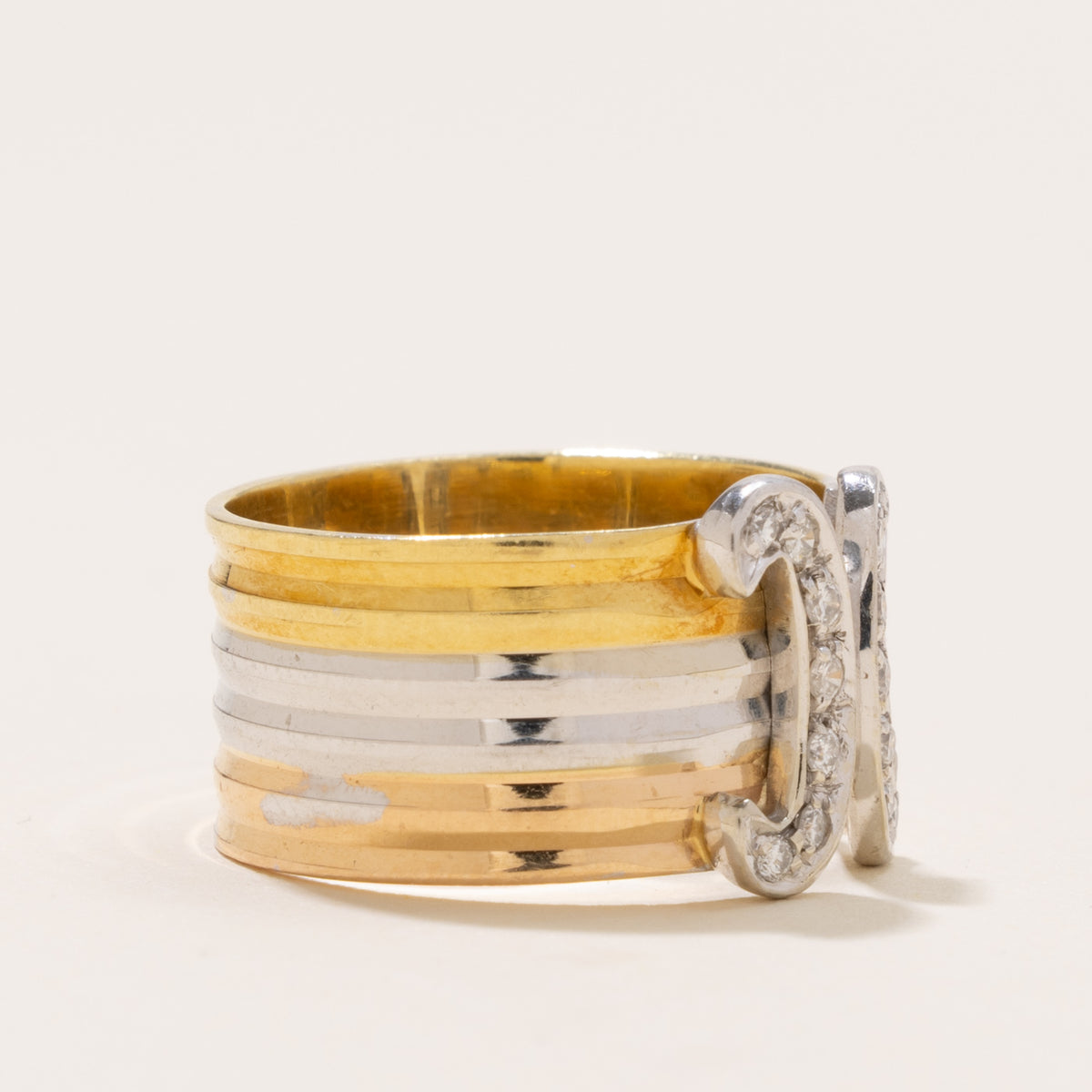 Italian Tri Tone Diamond Double C Grooved Ring | SZ 7