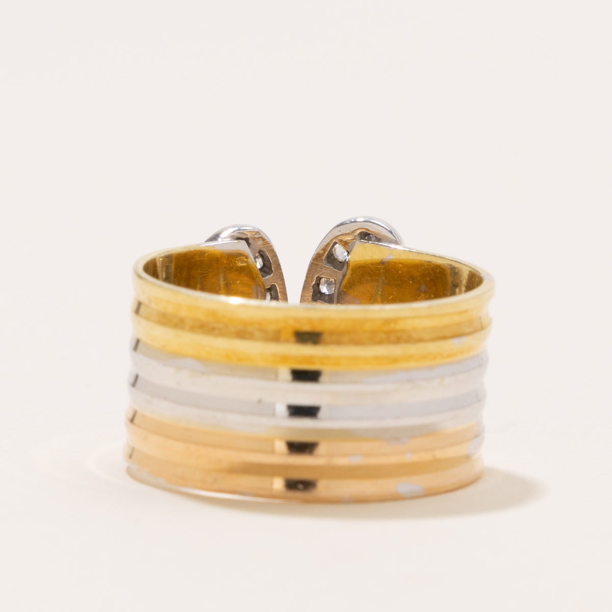 Italian Tri Tone Diamond Double C Grooved Ring | SZ 7