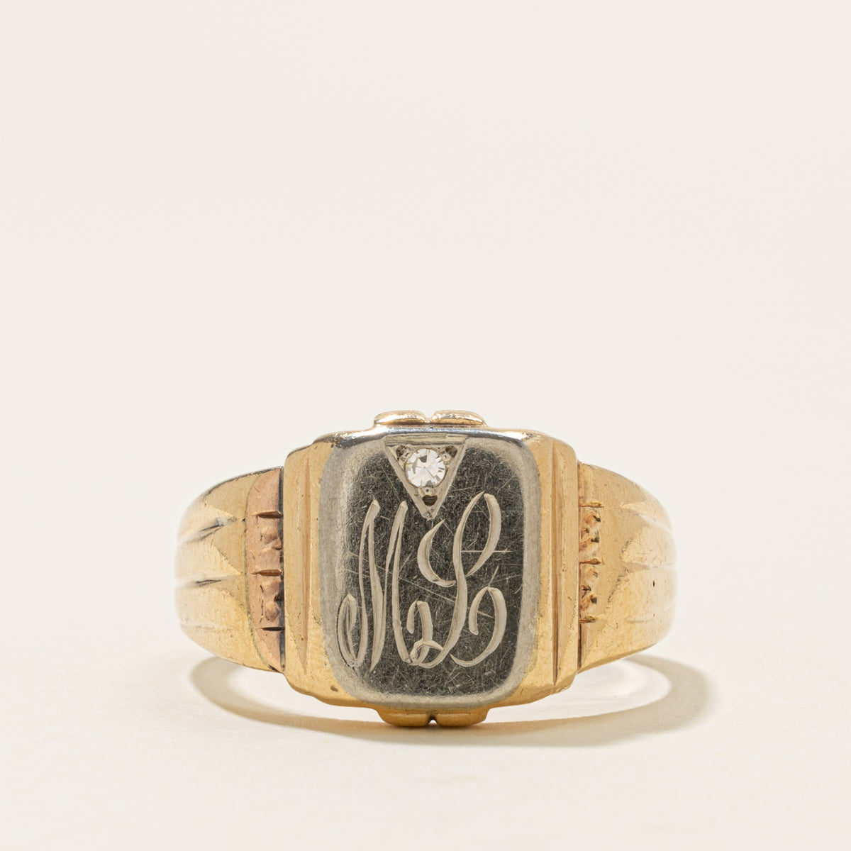 10k Two Tone Diamond Engraved "ML" Initial Signet Ring | SZ 10