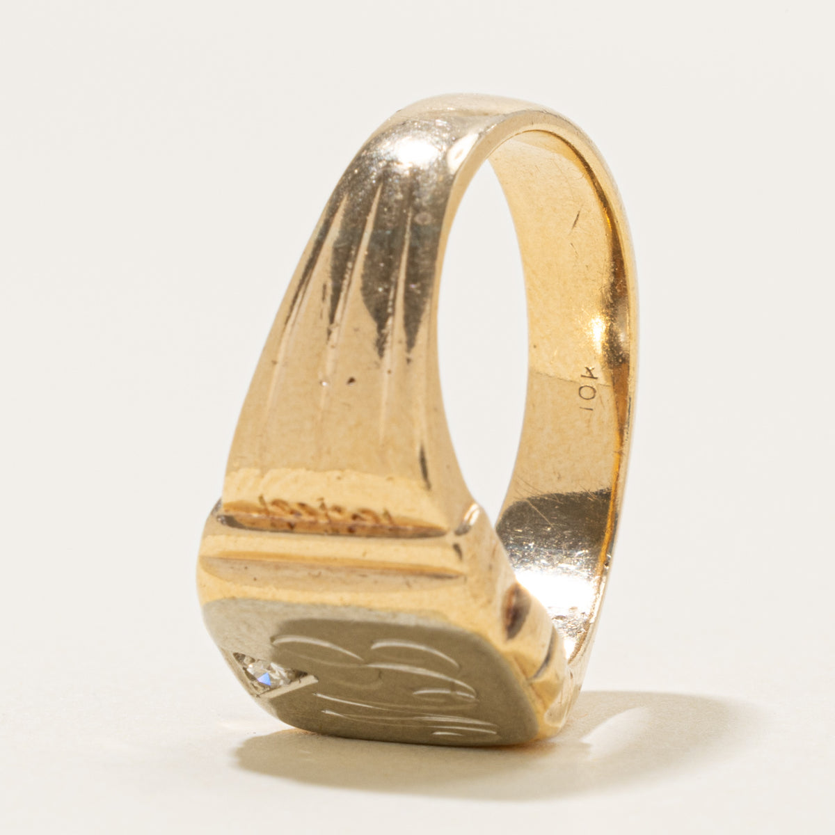 10k Two Tone Diamond Engraved "ML" Initial Signet Ring | SZ 10