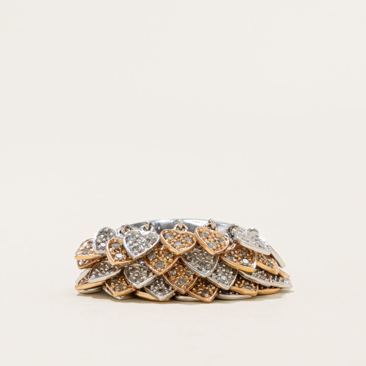 14k Two Tone Diamond Cluster Heart Charms Cocktail Ring | SZ 6.75