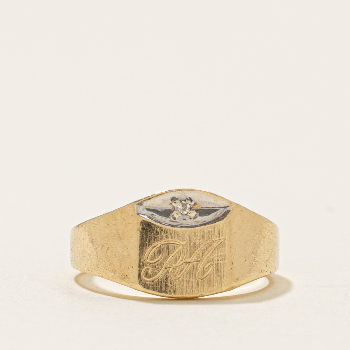 14k Illusion Set Diamond Engraved "PA" Initial Signet Ring | SZ 2.25