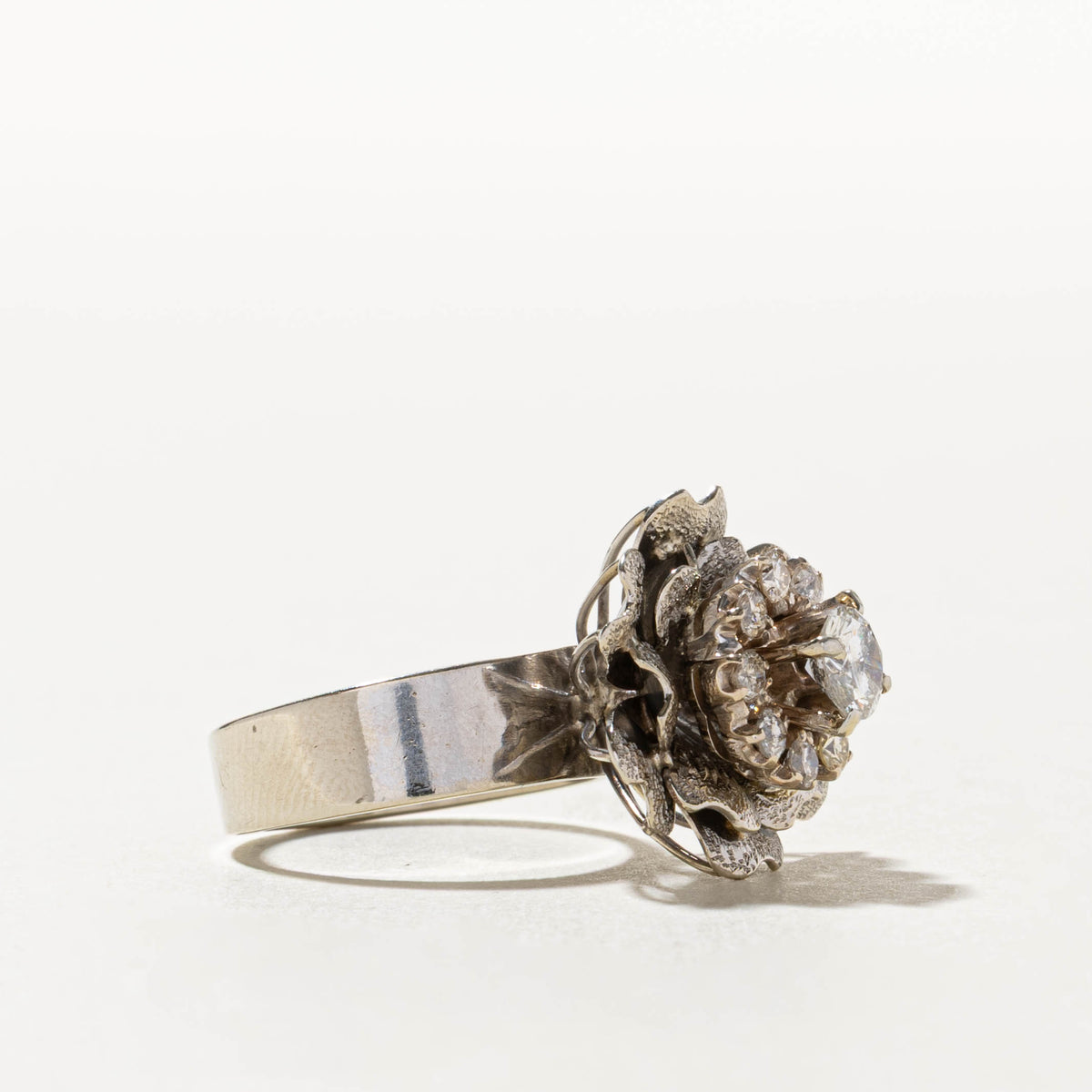 18k Diamond Halo Textured Floral Cocktail Ring | 0.52ct I2 G, 0.36ctw | SZ 5.75