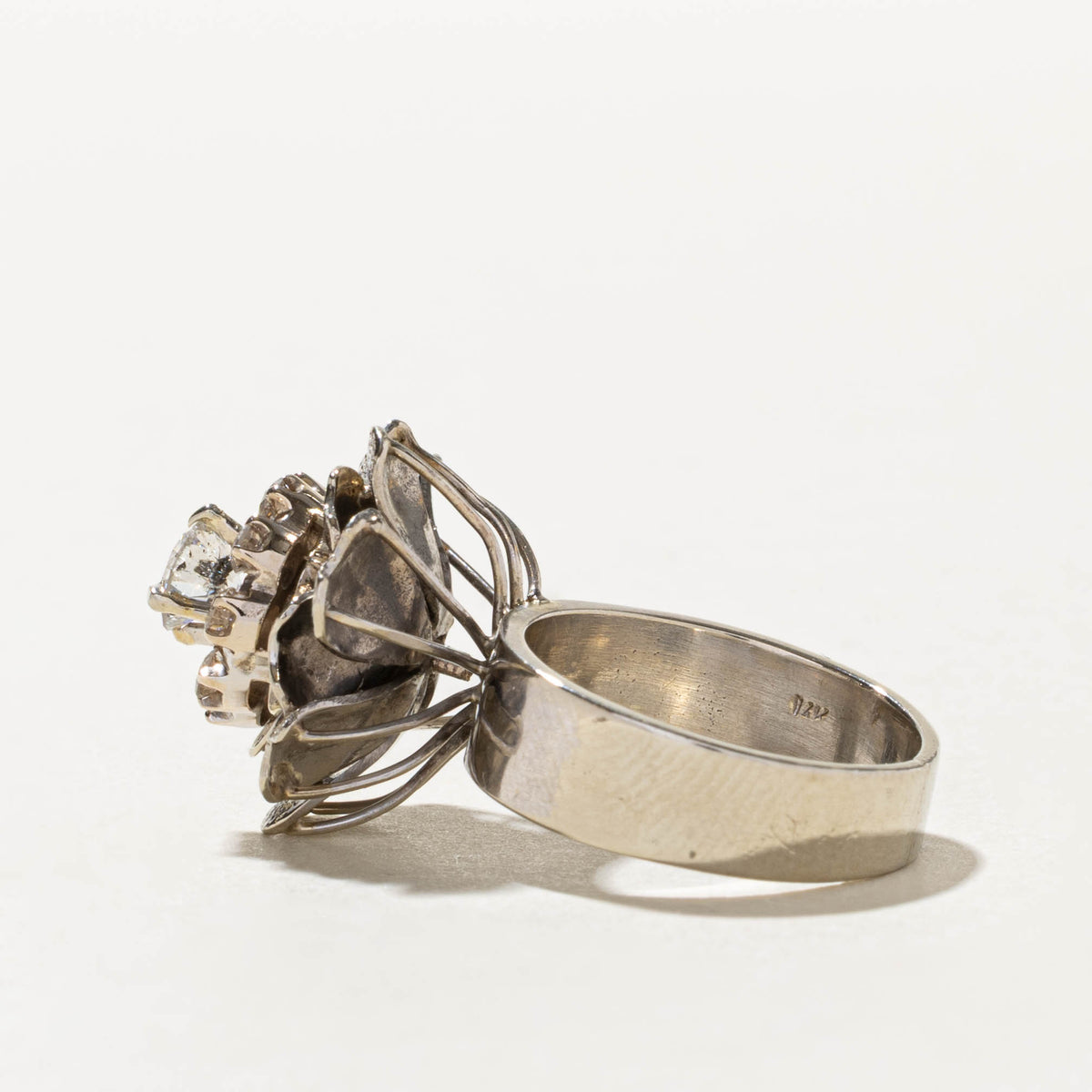 18k Diamond Halo Textured Floral Cocktail Ring | 0.52ct I2 G, 0.36ctw | SZ 5.75