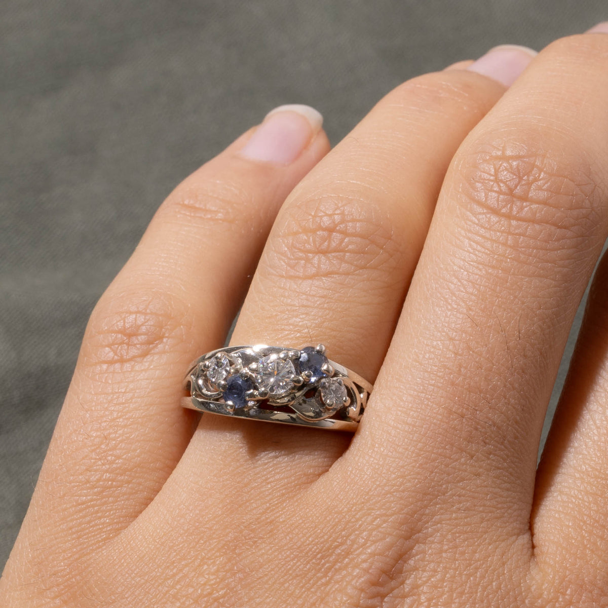 14k Sapphire & Diamond Cluster Scrollwork Ring | 0.28ctw, 0.43ctw | SZ 7.25