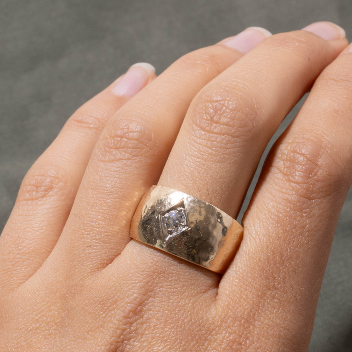 14k Solitaire Old European Cut Diamond Hammered Band | 0.42ct SI1 J | 12.65mm | SZ 9.25