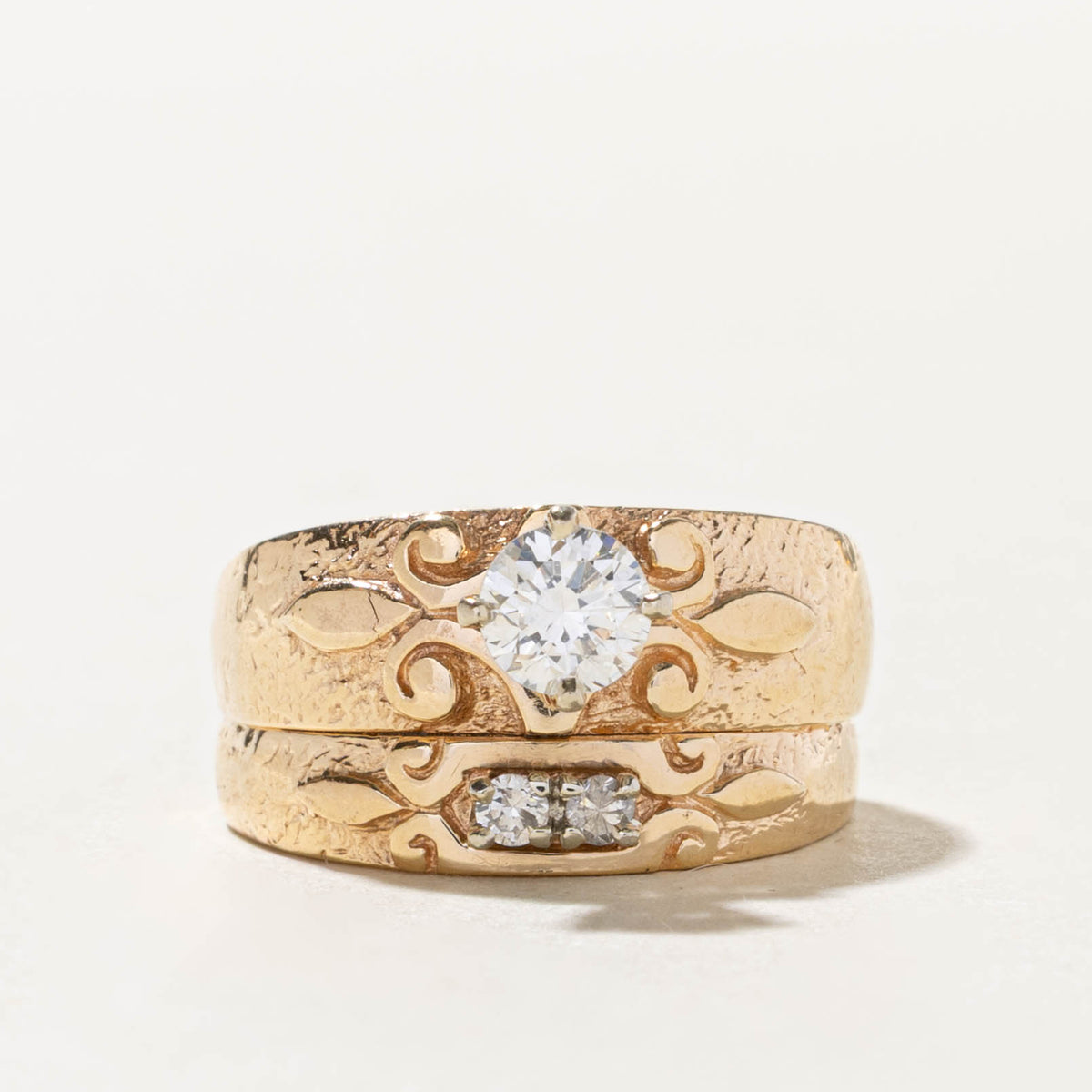 14k Solitaire Diamond Scrollwork Soldered Wedding Ring Set | 0.50ctw | SZ 5.25