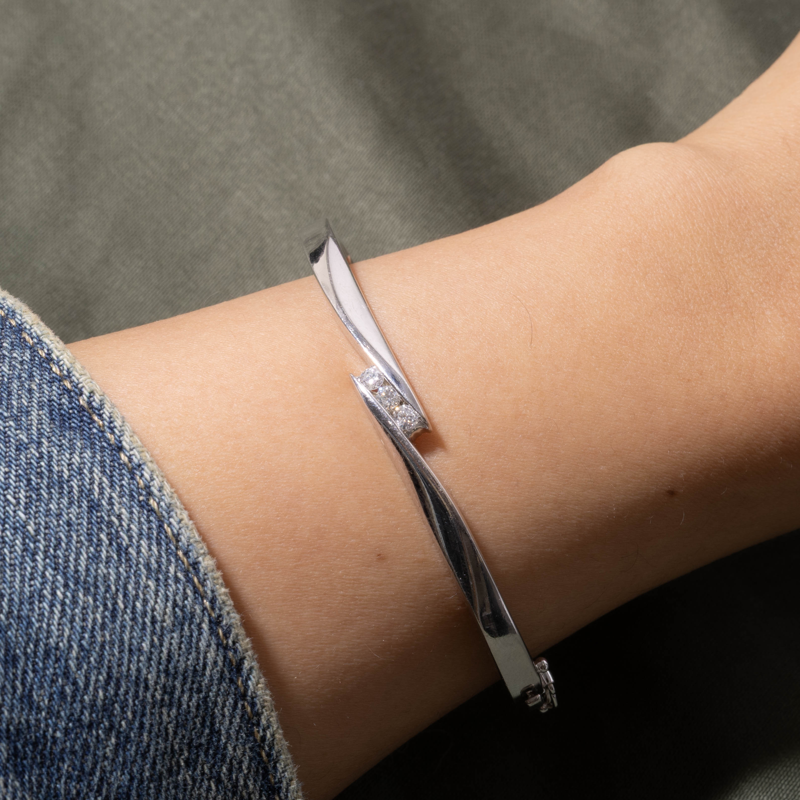 14k Three Stone Diamond Bypass Bangle | 0.25ctw | 7"