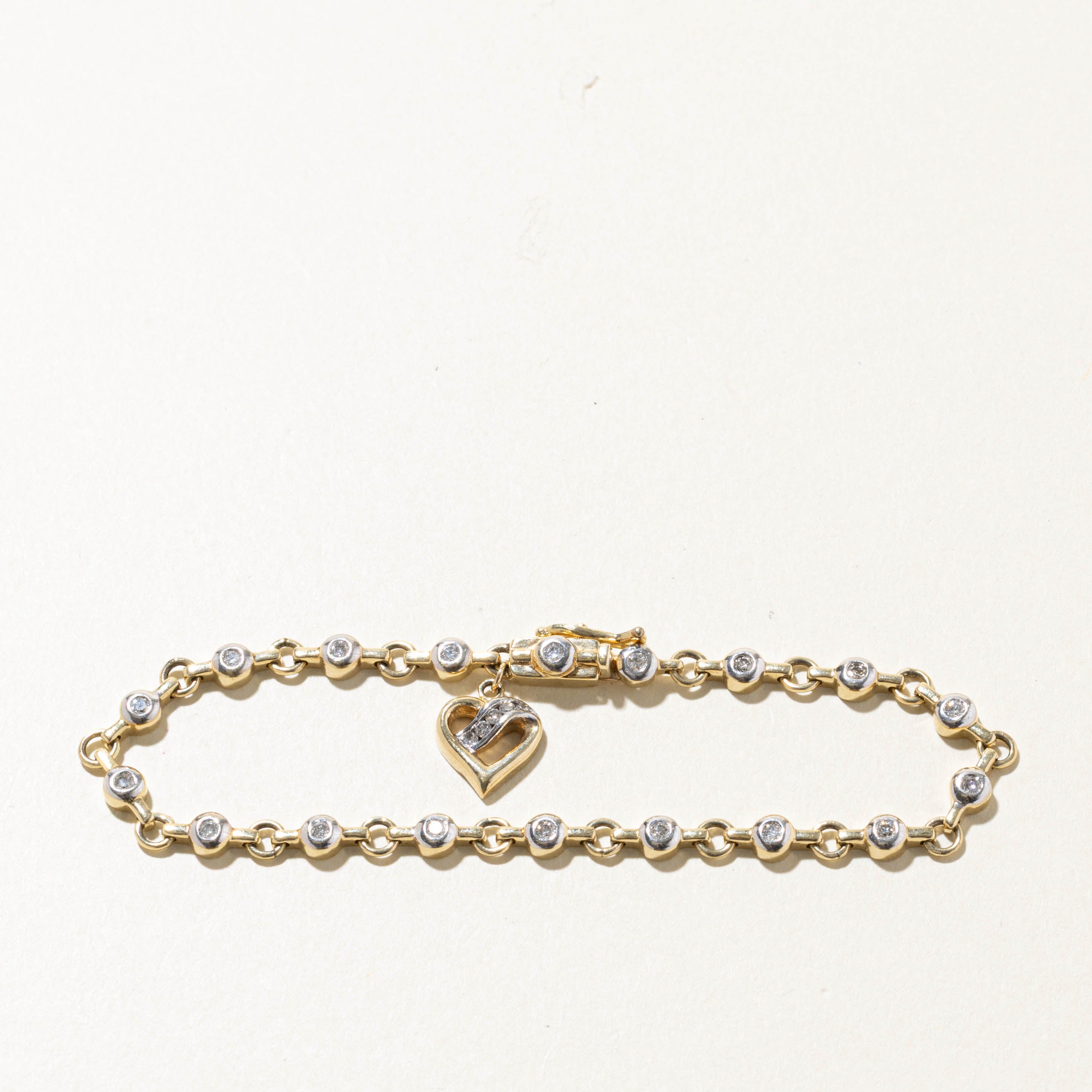10k Two Tone Bezel Set Diamond Heart Charm Bracelet | 0.40ctw | 7.5"