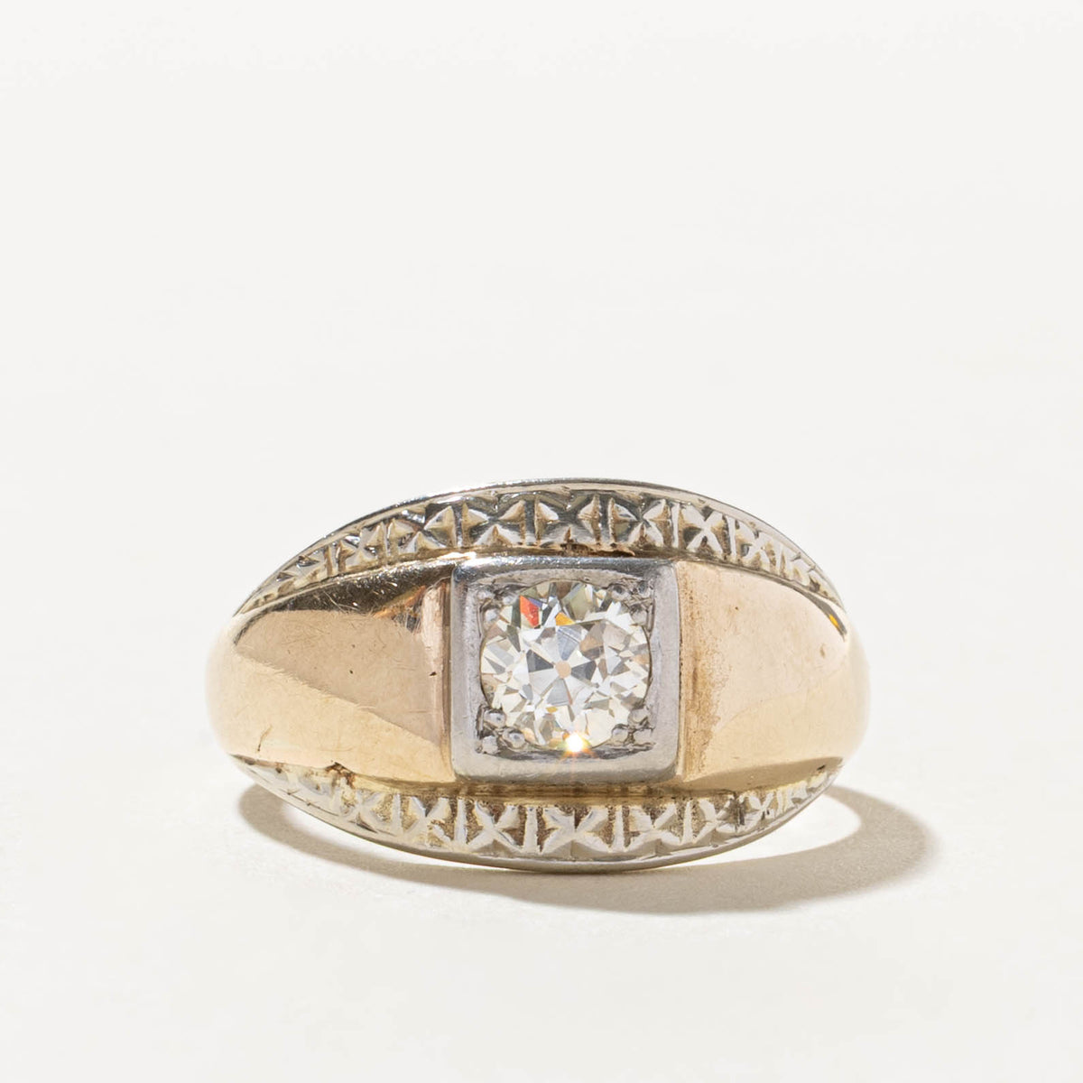 10k Old European Cut Diamond Engraved Geometric Dome Ring | 0.69ct I1 G | SZ 9.5