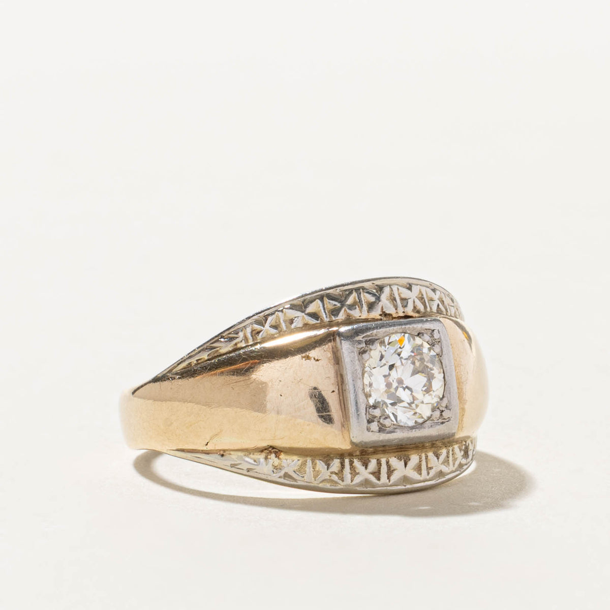 10k Old European Cut Diamond Engraved Geometric Dome Ring | 0.69ct I1 G | SZ 9.5