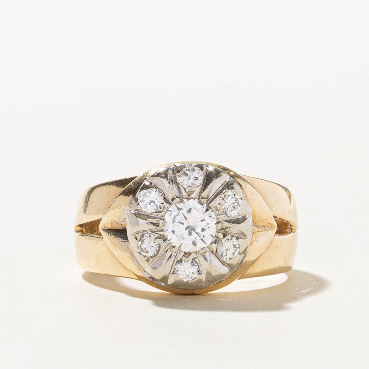 14k Two Tone Illusion Set Diamond Grooved Ring | 0.72ctw | SZ 7.5