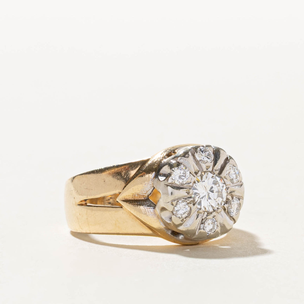 14k Two Tone Illusion Set Diamond Grooved Ring | 0.72ctw | SZ 7.5