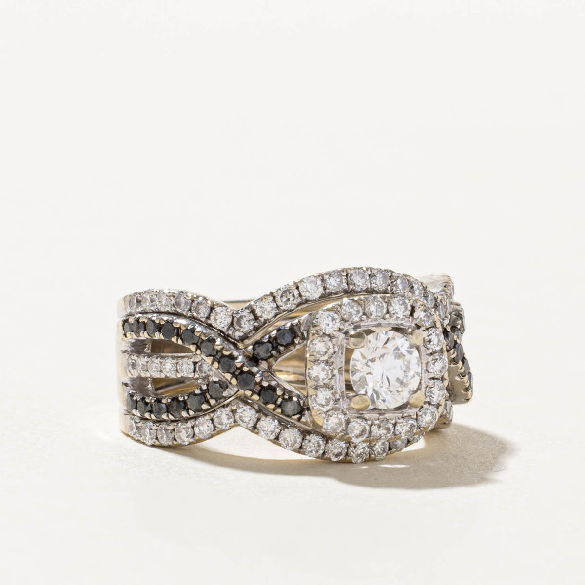 14k Pave Set Diamond Halo Cross Over Ring | 1.55ctw | SZ 3.75
