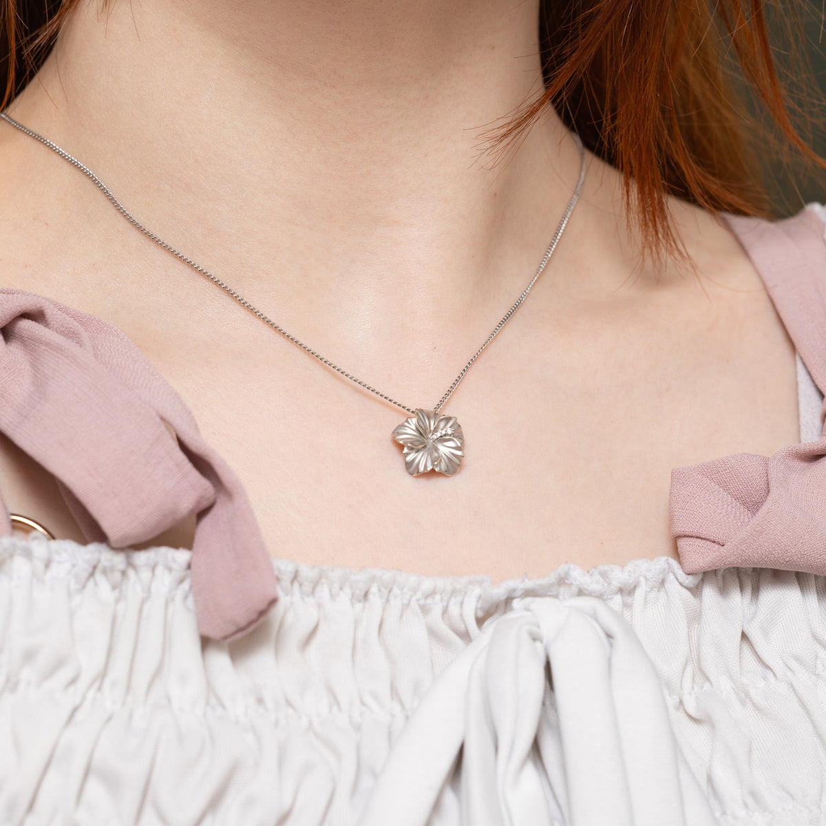 14k Diamond Matte Hawaiian Hibiscus Flower Pendant