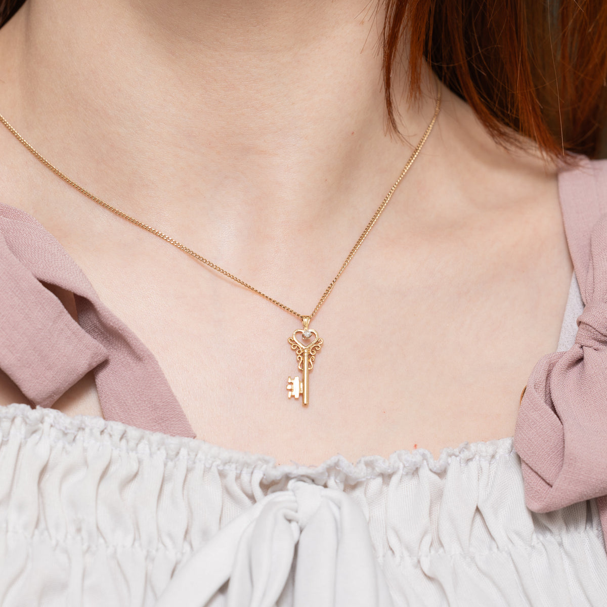 14k Diamond Heart Key Pendant