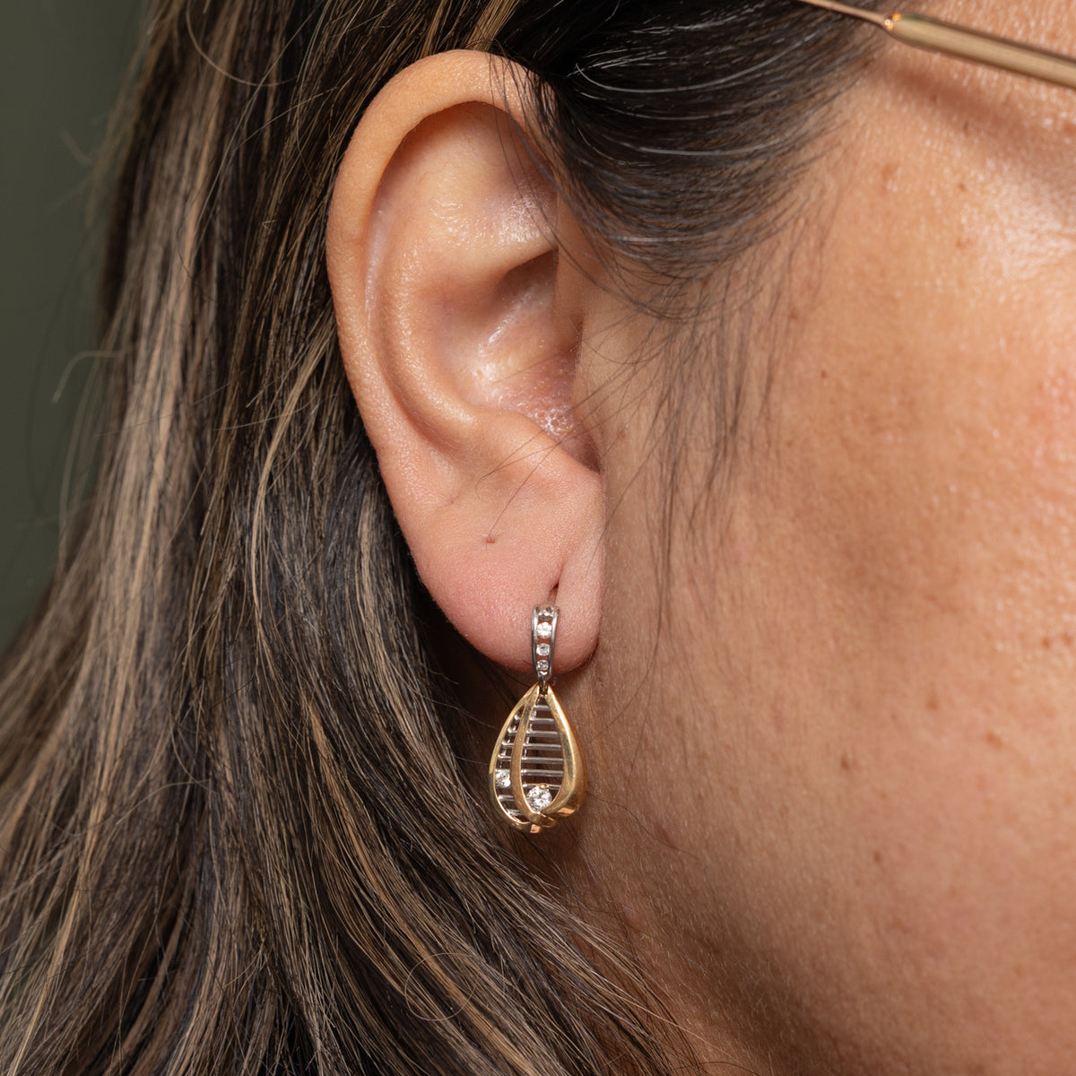 10k Two Tone Scattered Diamond Openwork Cage Drop Earrings | 0.20ctw