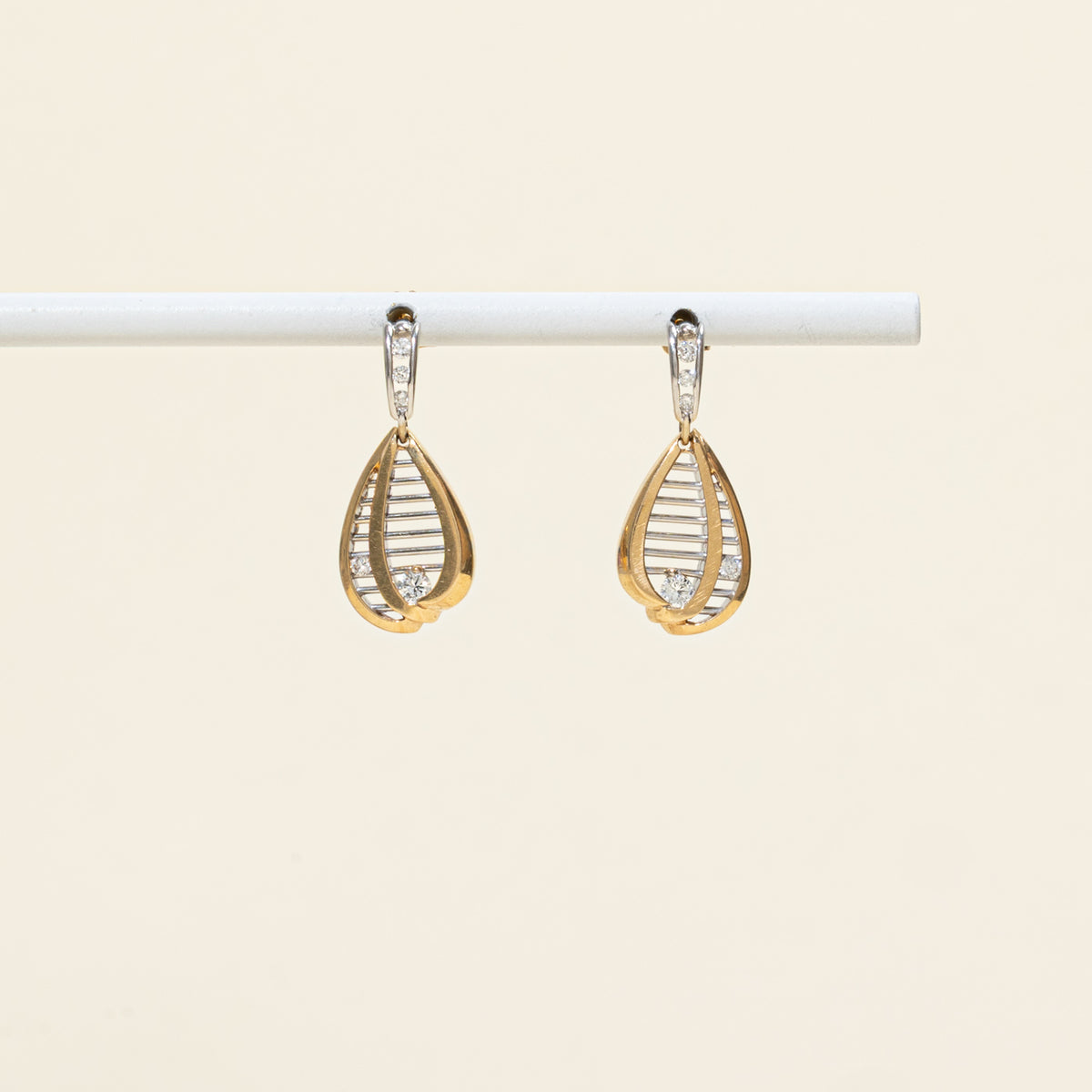 10k Two Tone Scattered Diamond Openwork Cage Drop Earrings | 0.20ctw