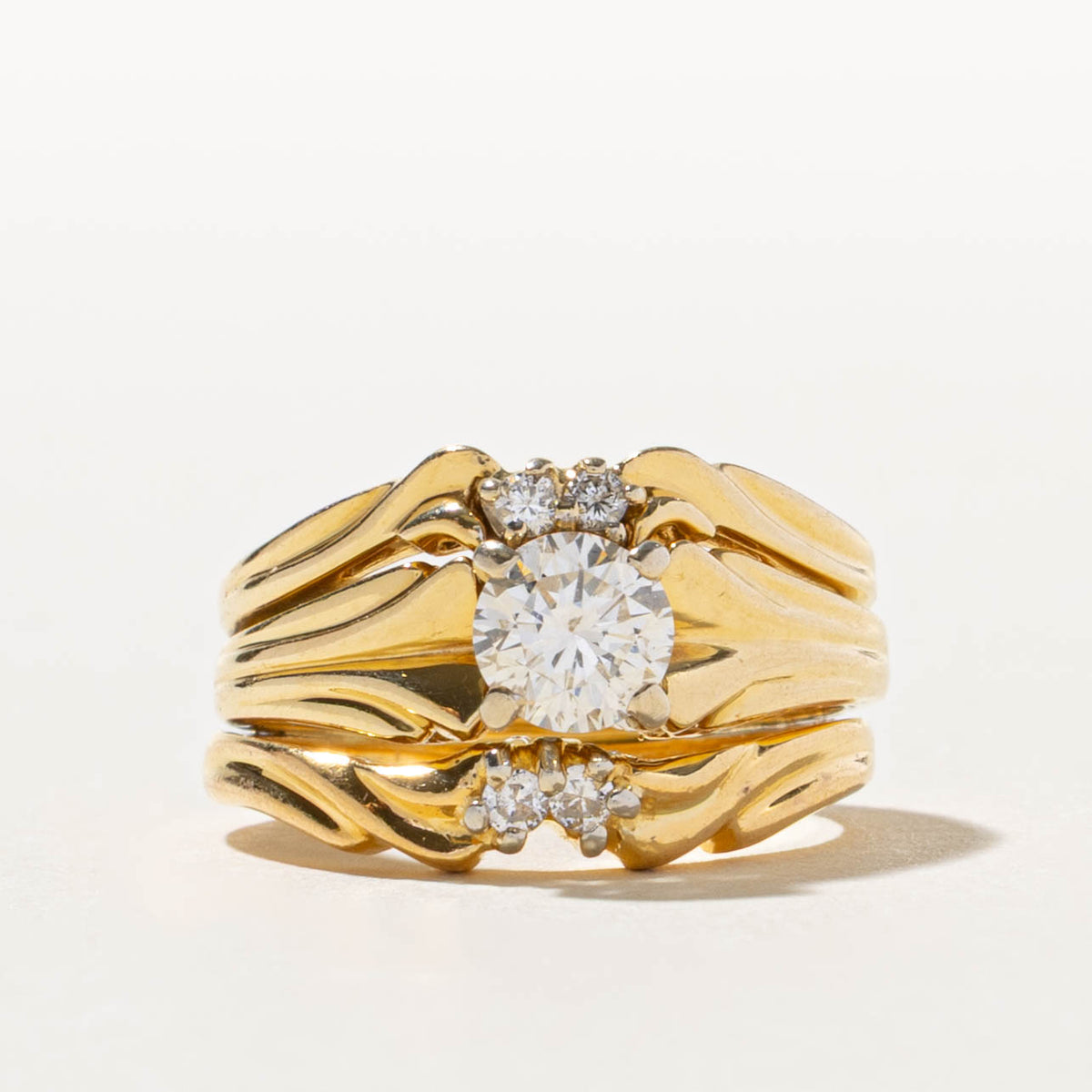 18k Diamond Grooved Soldered Wedding Ring Set | 0.57ct SI2 I, 0.06ctw | SZ 4.25