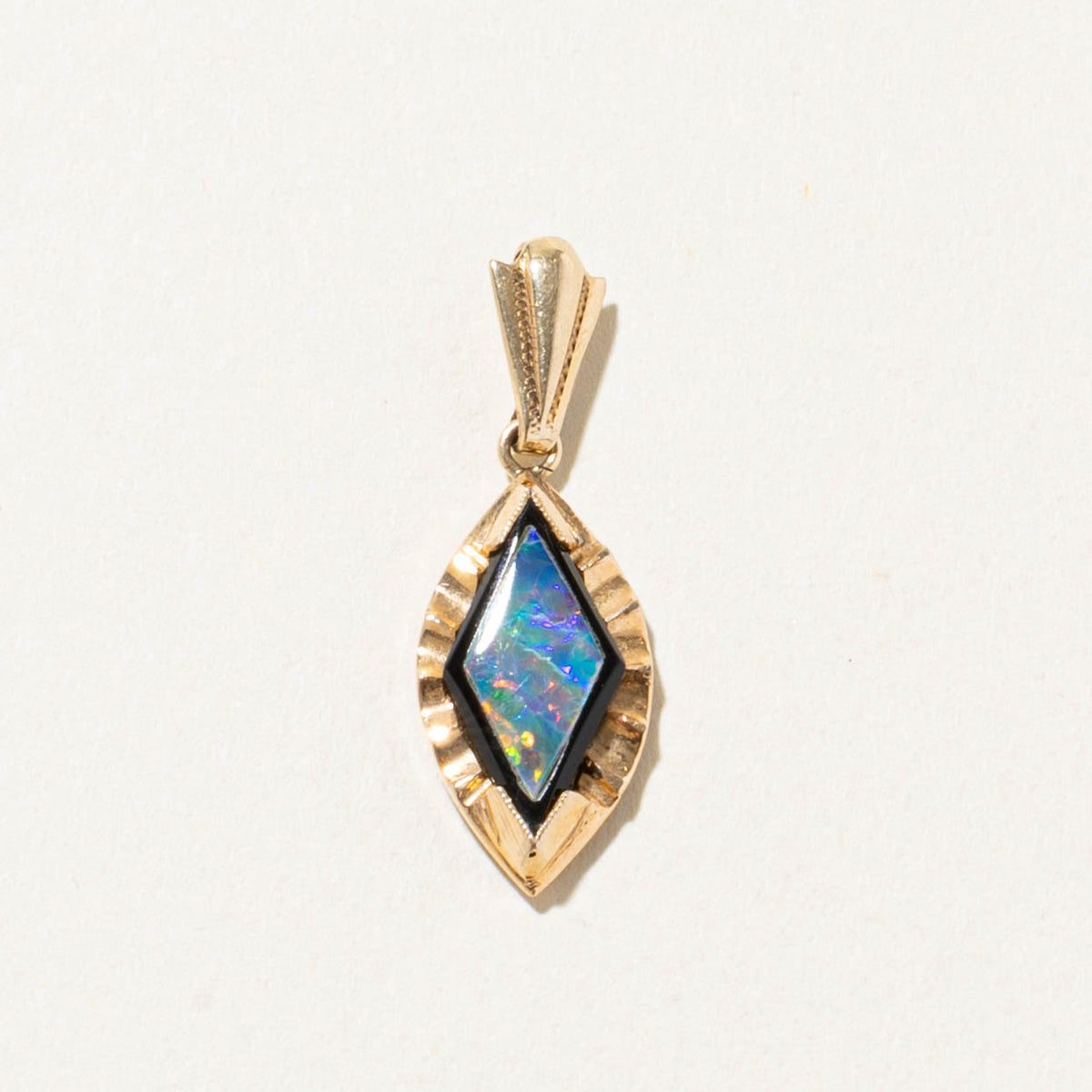 10k Bezel Set Opal Inlay in Onyx Grooved & Enamel Pendant | 2.00ct