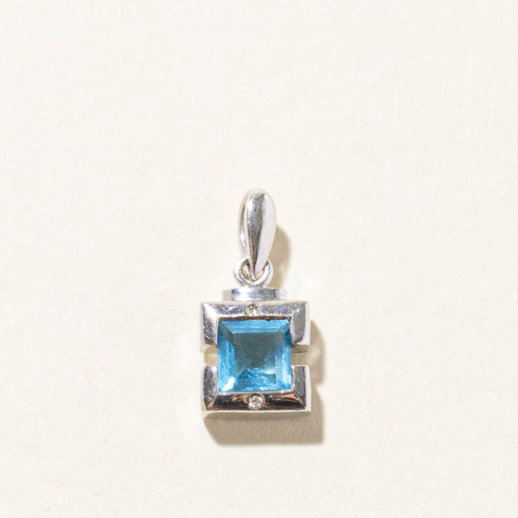 10k Square Cut Blue Topaz & Diamond Accented Pendant | 0.60ct, 0.01ct
