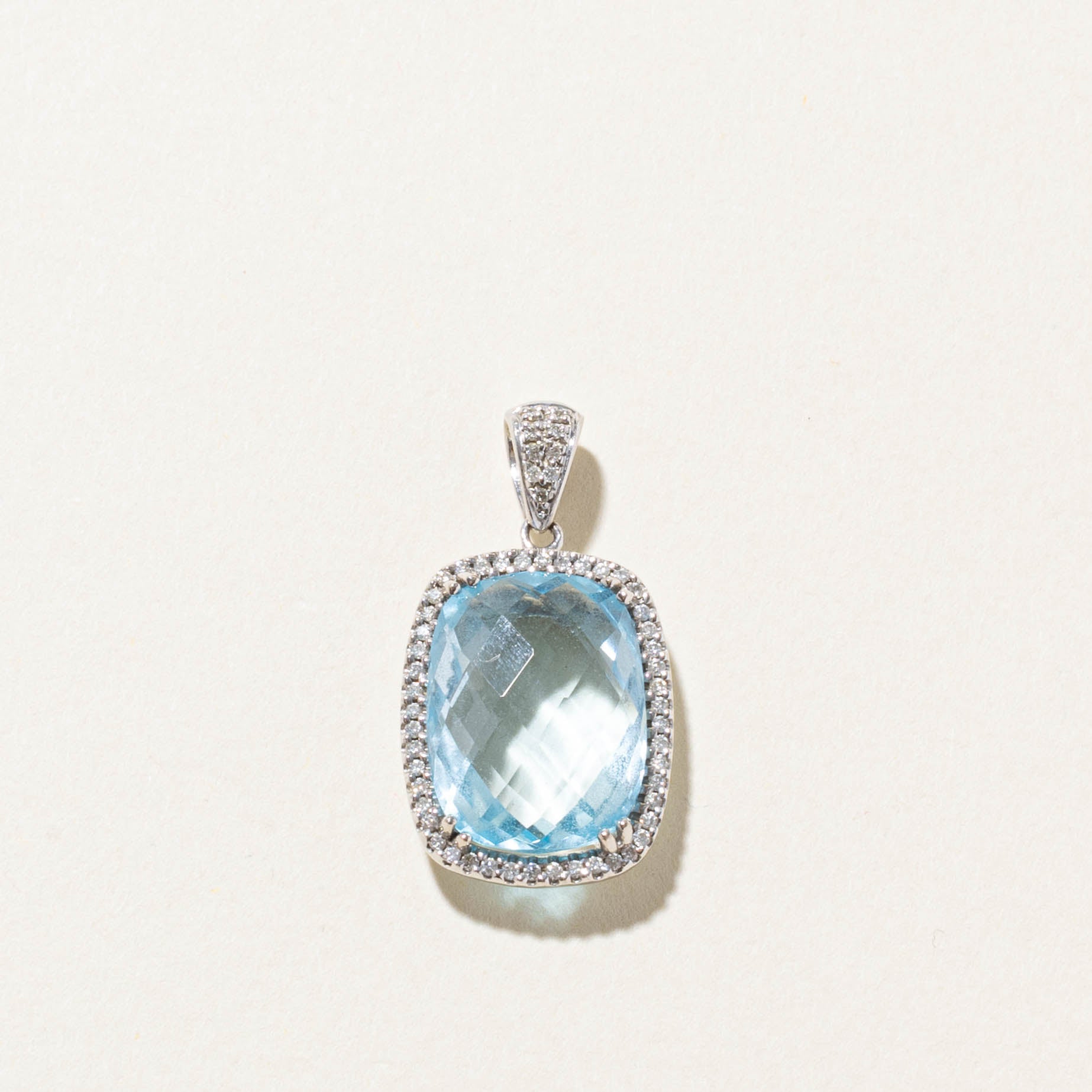 14k Cushion Cut Blue Topaz & Diamond Halo Pendant | 14.00ct, 0.28ctw