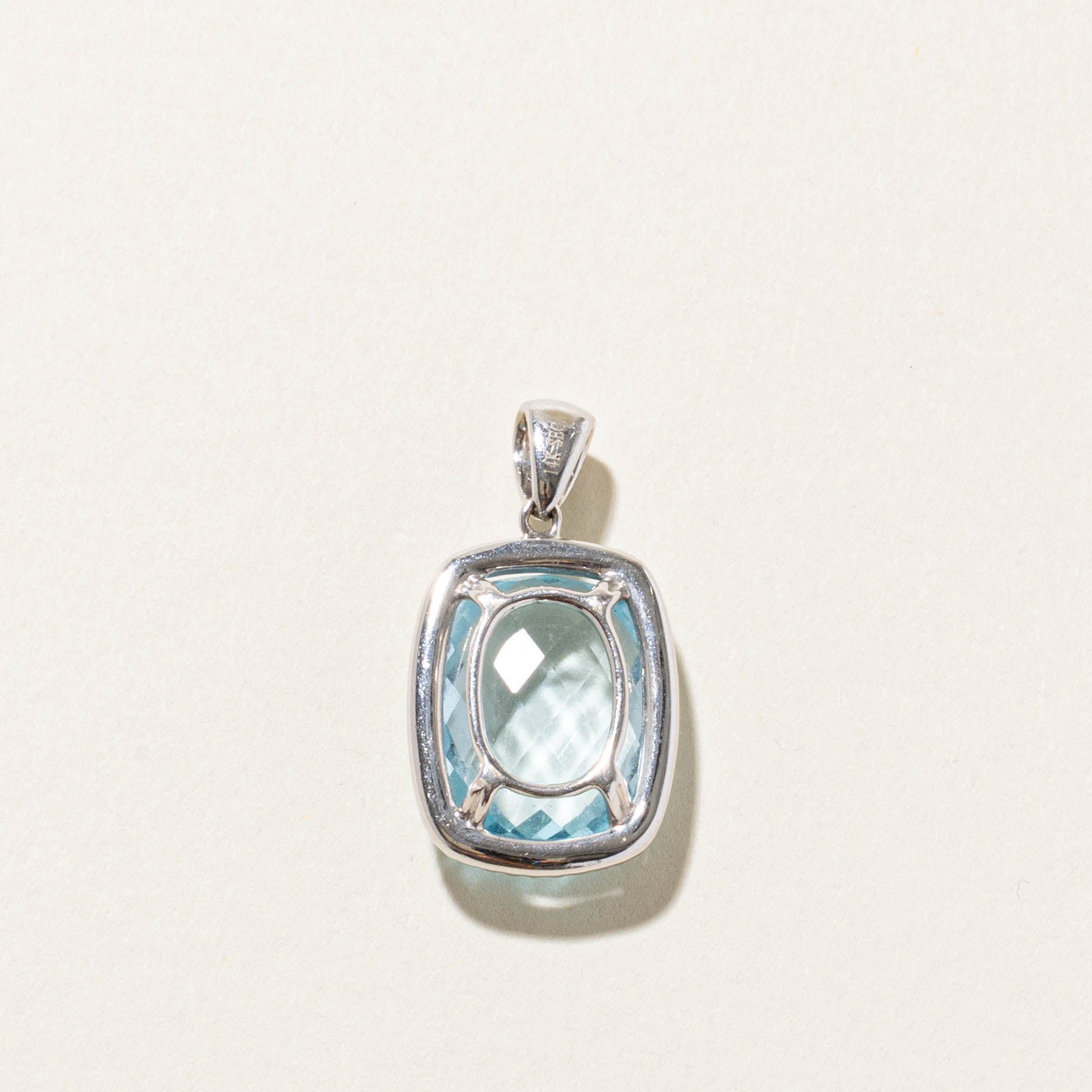 14k Cushion Cut Blue Topaz & Diamond Halo Pendant | 14.00ct, 0.28ctw