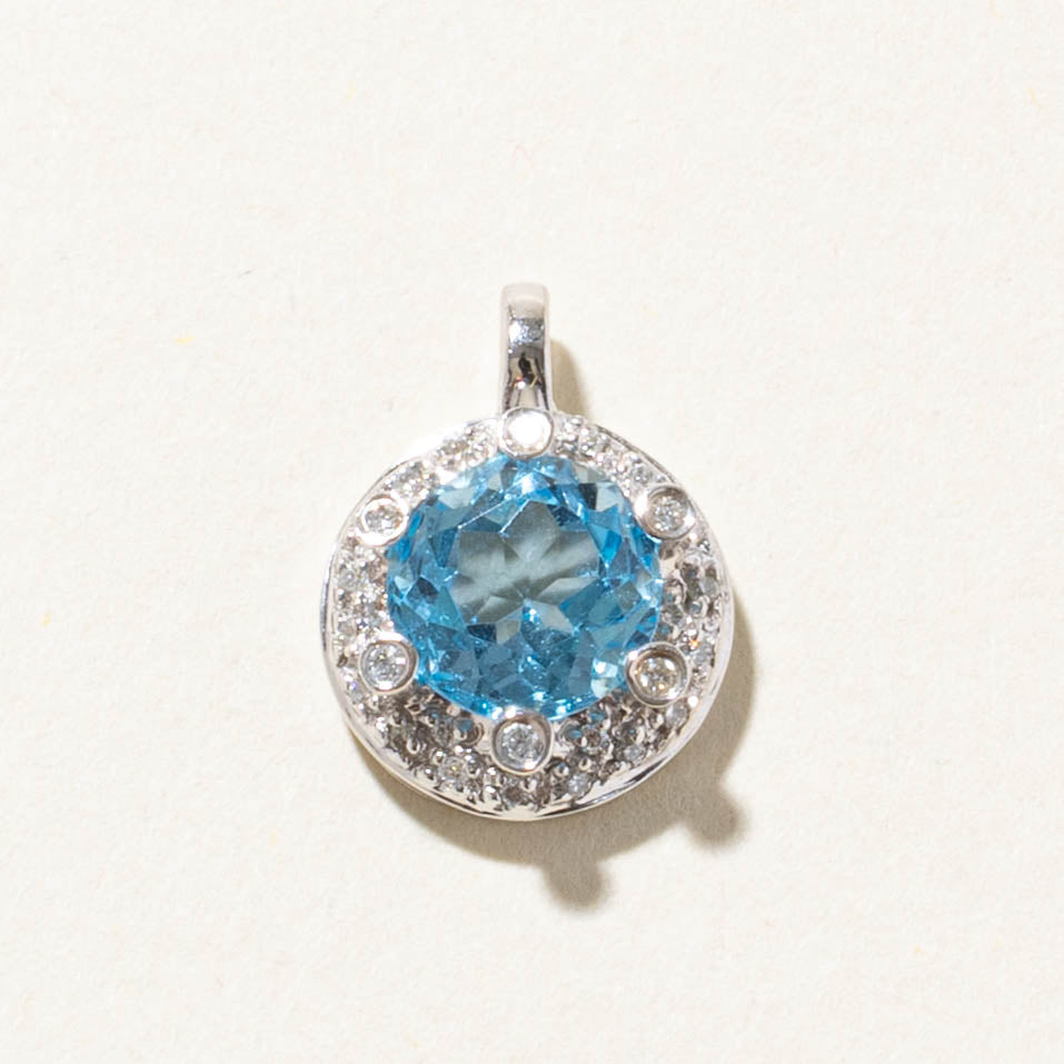 18k White Gold Blue Topaz & Diamond Halo Pendant | 2.50ct, 0.18ctw