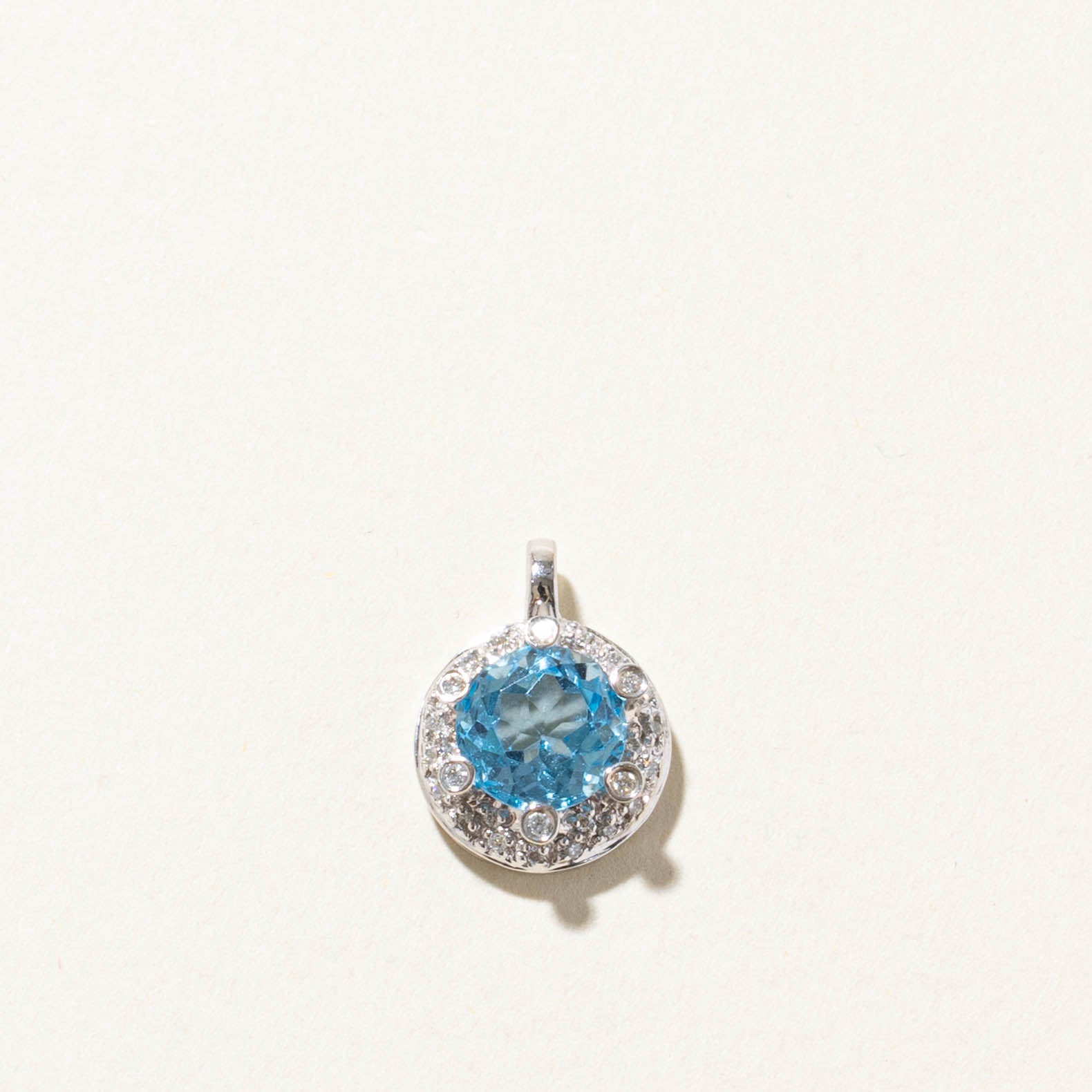 18k White Gold Blue Topaz & Diamond Halo Pendant | 2.50ct, 0.18ctw