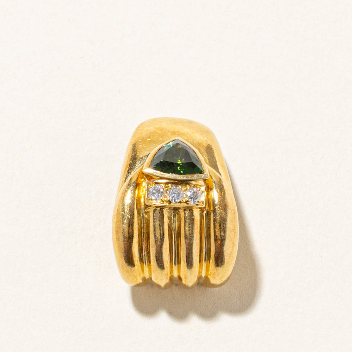 18k Bezel Set Trillion Cut Tourmaline & Diamond Grooved Pendant | 0.70ct, 0.09ctw