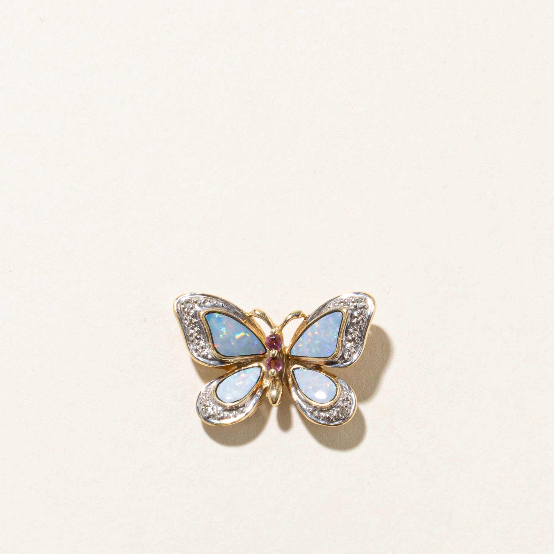 10k Opal, Pink Tourmaline & Diamond Butterfly Pendant | 1.00ctw, 0.02ctw