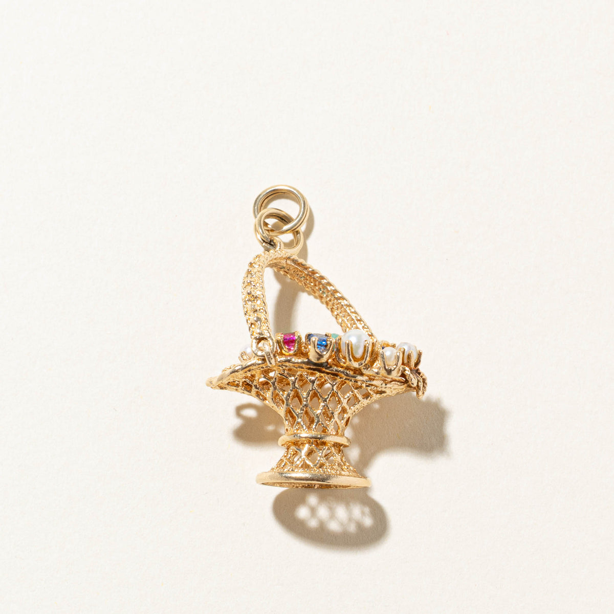 14k Seed Pearls & Synthetic Gemstone Flower Basket Charm | 1.26ctw