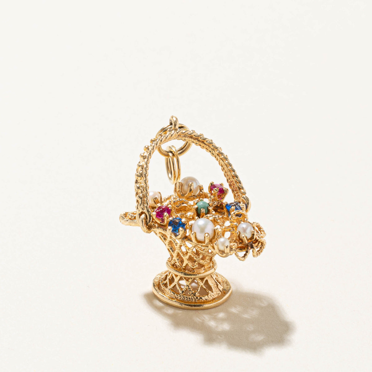 14k Seed Pearls & Synthetic Gemstone Flower Basket Charm | 1.26ctw
