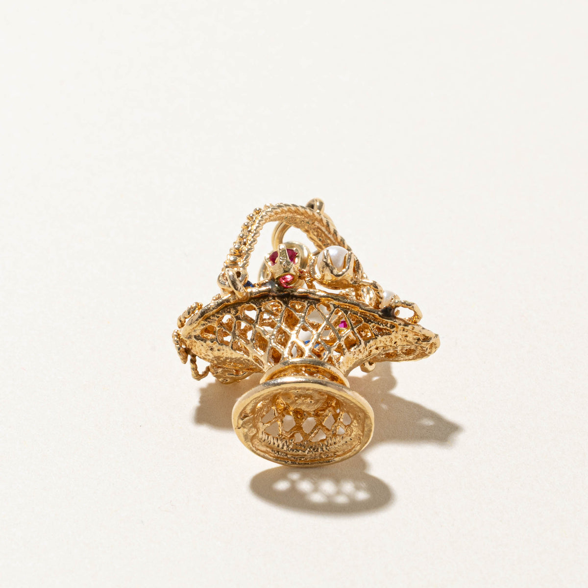 14k Seed Pearls & Synthetic Gemstone Flower Basket Charm | 1.26ctw