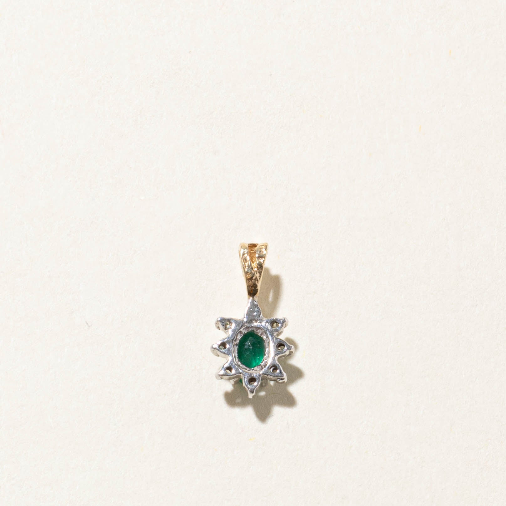 10k Oval Cut Emerald & Diamond Petal Halo Pendant | 0.18ct, 0.07ctw