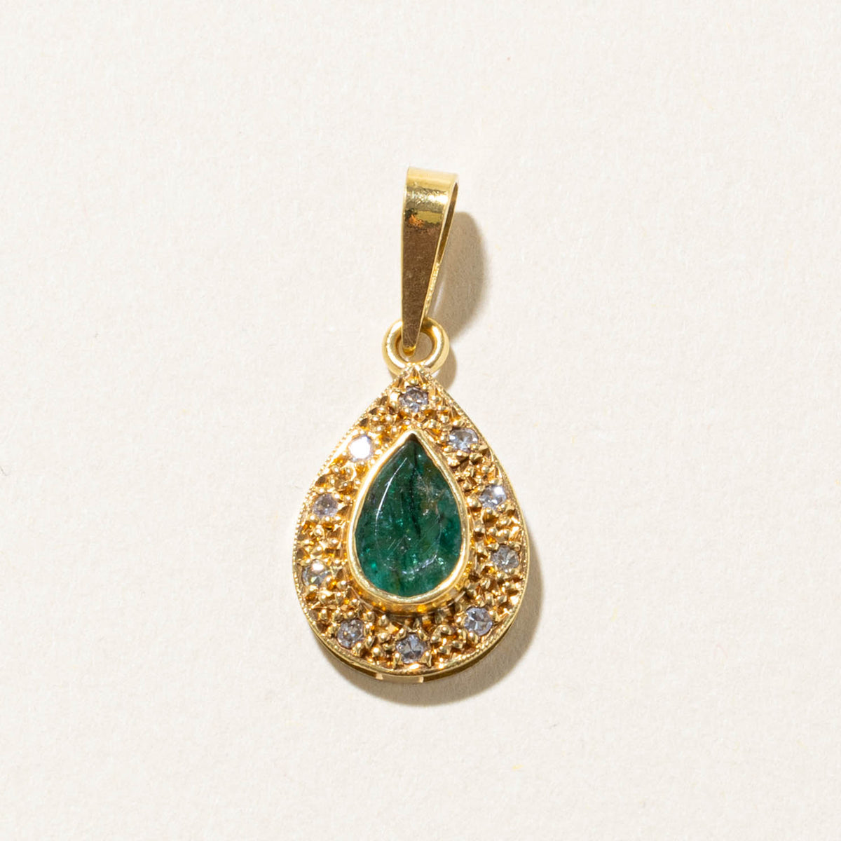 18k Pear Cut Emerald & Diamond Halo Textured Pendant | 0.90ct, 0.12ctw