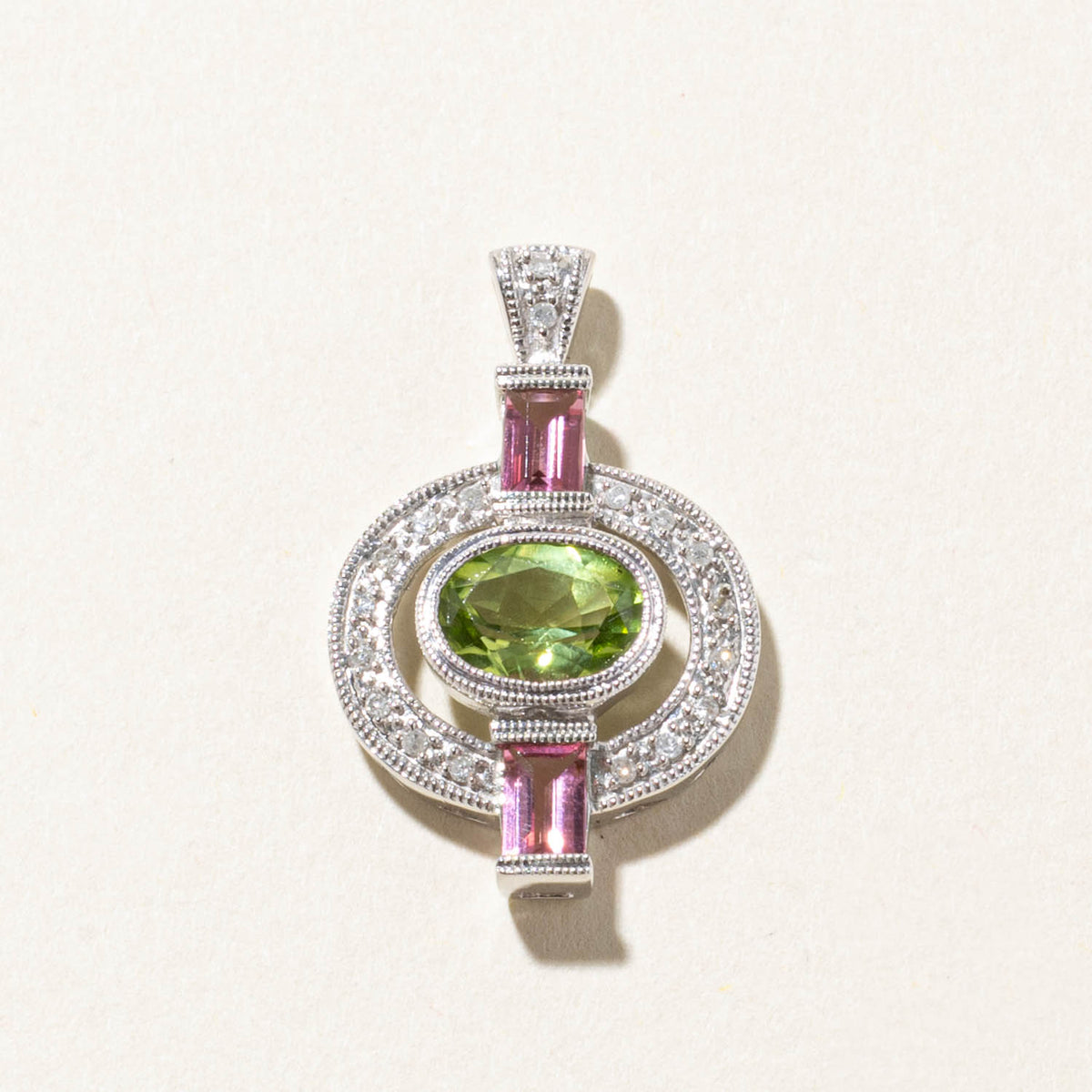 14k East West Peridot, Pink Tourmaline & Diamond Open Halo Pendant | 2.00ctw, 0.10ctw