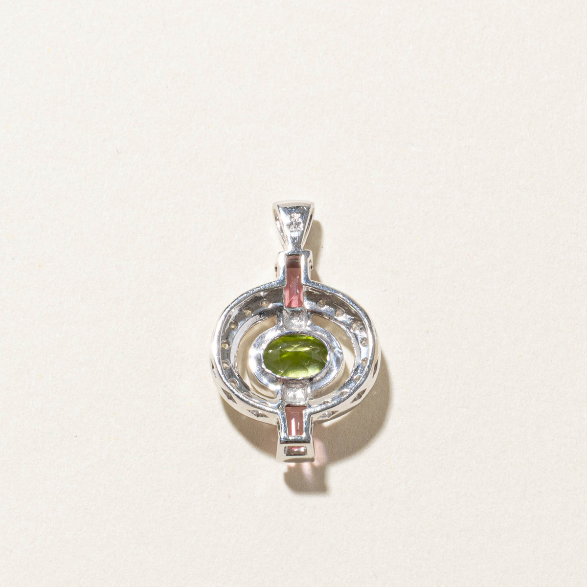 14k East West Peridot, Pink Tourmaline & Diamond Open Halo Pendant | 2.00ctw, 0.10ctw