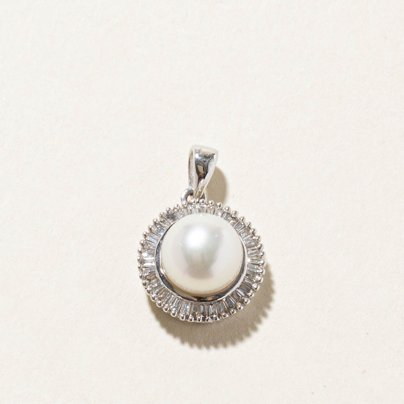 18k Pearl & Baguette Cut Diamond Halo Pendant | 0.05ctw