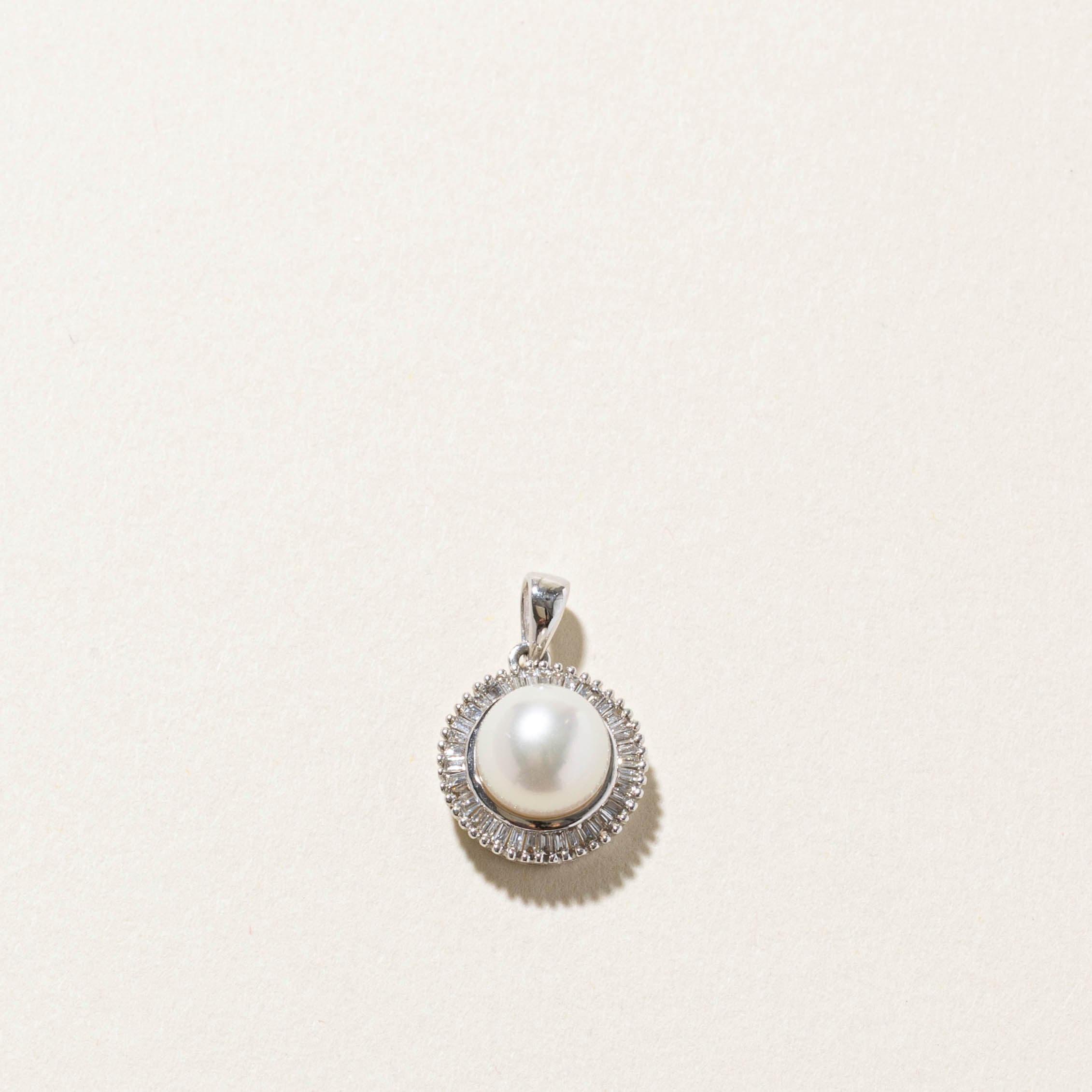 18k Pearl & Baguette Cut Diamond Halo Pendant | 0.05ctw