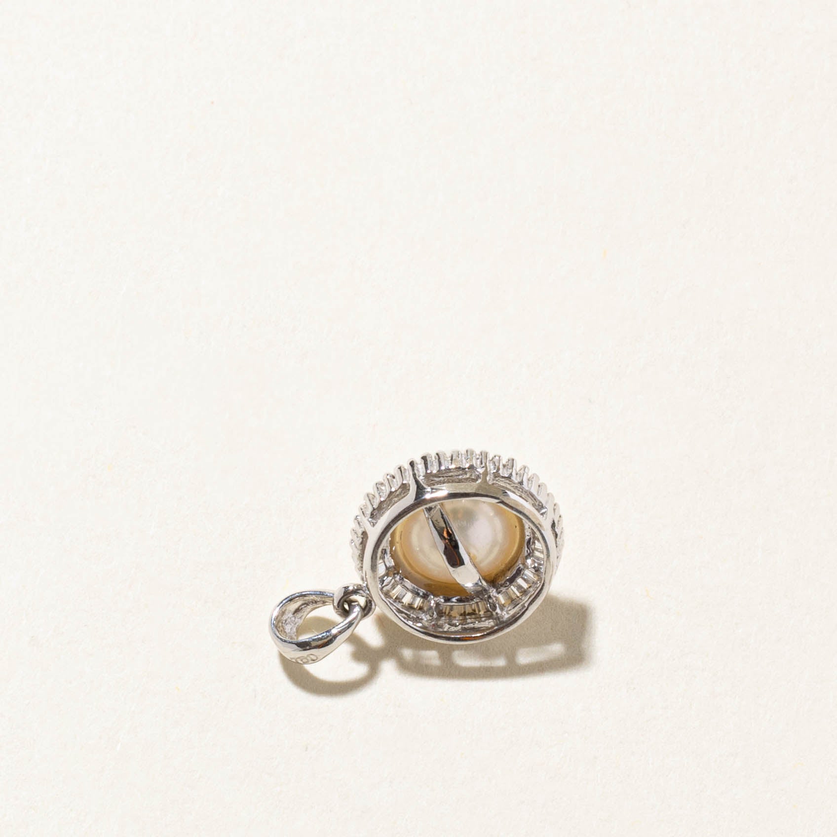 18k Pearl & Baguette Cut Diamond Halo Pendant | 0.05ctw