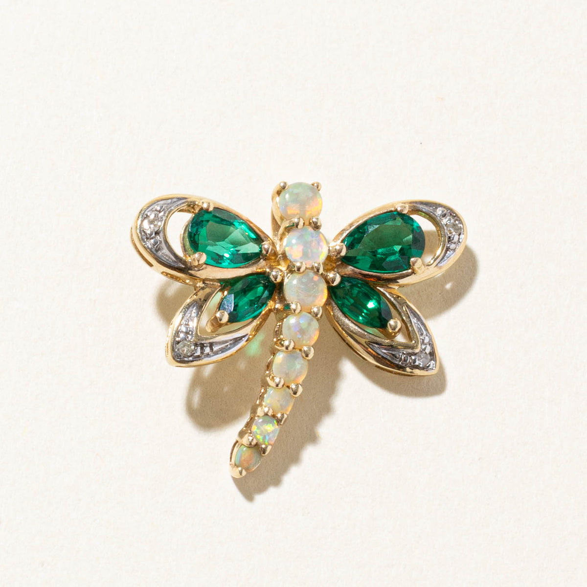 10k Synthetic Emerald, Opal & Diamond Dragonfly Pendant | 0.82ctw, 0.02ctw